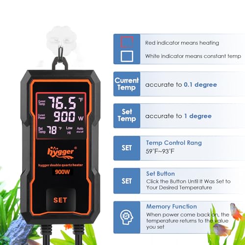 hygger Submersible Aquarium Heater 900W Fish Tank Heater with Temperature Control & Auto Off Protection for 110-250 Gallons Saltwater and Freshwater - size: 900W for 110-250 Gallons
