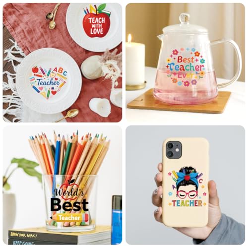 Peacoblue 18 Sheets Rub on Transfers for Crafts, Teacher's Day Text 3.6"x3.9" UV DTF Cup Wraps Waterproof Cold Transfers Stickers for Wood Glass Metal Cup Tumblers Mirrors Mugs Home Decor - style: Teacher's Day Text
