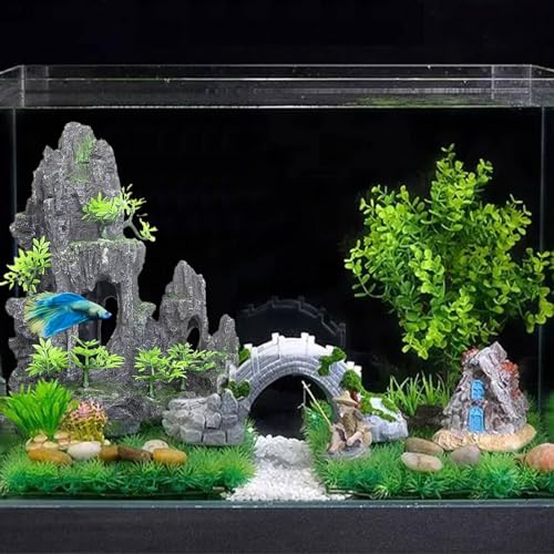Aquarium Decoration Extra Large and Tall for Fish Tank Rock Thematic Ornaments Aquarium Mountain View Stone Ornaments Aquarium Decor Tree House Cave Fish Tank Decoration - Extra Large - color: Large Mountain View