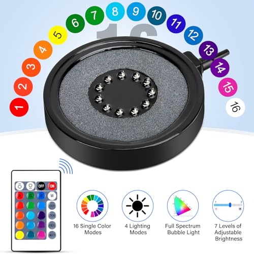 fishkeeper Aquarium Air Bubble Light, LED Fish Tank Bubbler Stone Disk with 11 Super Bright Lamp Beads, 16 Colors and 4 Modes Adjustable for Fish Tank Decoration Oxygenation