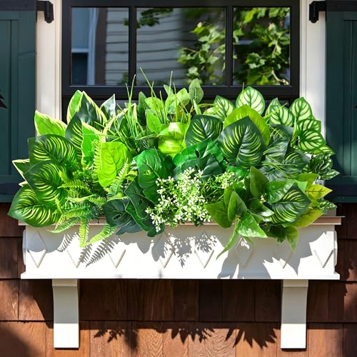 Livole 12Pcs 12 Styles Artificial Plants Outdoor Realistic UV Resistant Artificial Flowers Large Bunches Faux Plants Greenery Stems Boston Fern for Garden Porch Planter Window Box Home Decor - size: 12Pcs