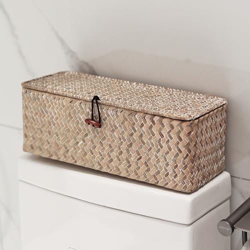 Seagrass Storage Basket with Lid Rectangular Small Woven Shelf Baskets with Sections for Organize Snack Toys Whitewash - color: Whitewash 3 Sections