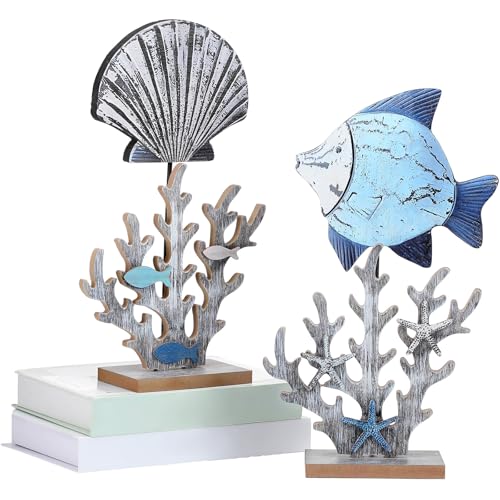Novabright 2 Pcs Wooden Fish Decor Summer Ocean Centerpieces for Tables Standing Coral Statue with 3D Starfish Seashell for Nautical Shelf Coastal Beach Home Decoration Marine Themed Gift