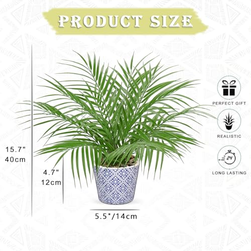 Hollyone Large Artificial Potted Plants Fake Palm Plants 16" Faux Green Plant Plastic Tropical Palm Tree in Blue and White Ceramic Pots Bohemian for Home Room Office House Indoor Decoration - color: 16" Palm Potted-11