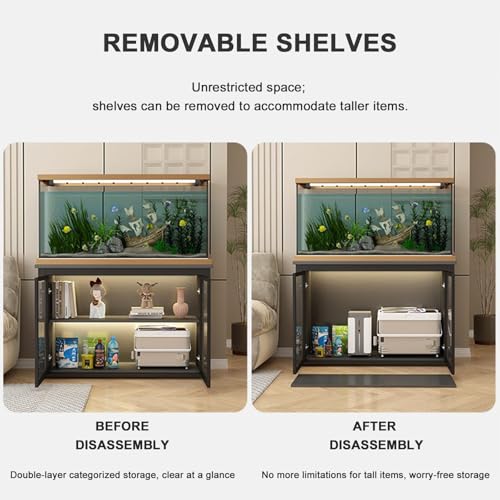 20 - 50 Gallon Fish Tank Stand, Metal Frame Aquarium Stand with Cabinet for Accessories Storage, Reptile Turtle Tank Stand for Home Office White + White + Black 60x40x80cm - color: White + White + Black, size: 60x40x80cm