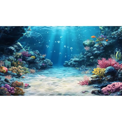 Under The Sea Aquarium Background Underwater Scene Coral Reefs Fish Tank Background Ocean Bed Scene Sand Rocky Outcrops Terrarium Backgrounds Seabed Diverse Marine Life Sunlight Tank Poster 24x12in - color: Blue_Brown, size: 24(W)x12(H)inches/ 60(W)*30cm(