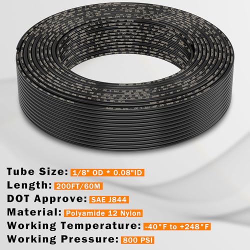 CheeMuii 200 FT 1/8" DOT Air Line Air Hose 61 Meter 1/8 PA12 Nylon Pneumatic Tubing 1/8 Inch OD Pneumatic Air Tubing Pipe Hose Line for Semi Truck Trailer or Industrial Air System - color: Black, size: 1/8"OD-200FT