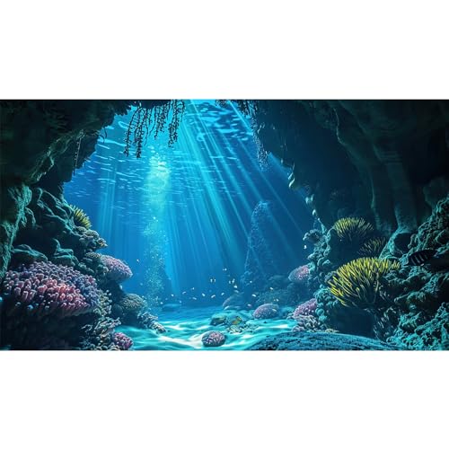 Under The Sea Aquarium Background Underwater Grotto with Soft Corals Reefs Fish Tank Background Blue Ocean Tropical Cave Sunlight Rays Deep Sea Fish Tank Backgrounds Aquarium Wallpaper 24x12in - color: Blue, size: 24(W)x12(H)inches/ 60(W)*30cm(H)