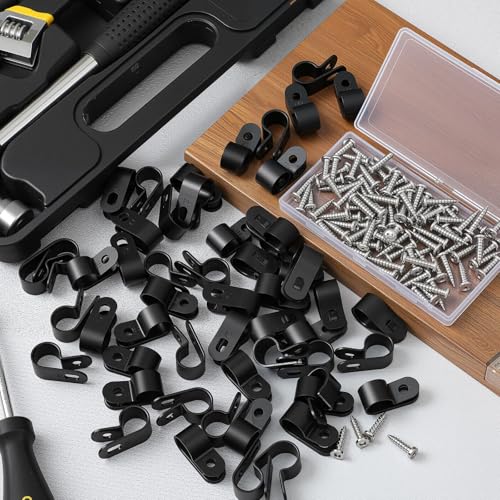 1/2inch 100 Pcs Rope Light Clips P-Style Cable Clips Mounting Cable Plastic Clamps Compatible with Stainless Steel Screw for Wire Cord Management Reinforced & Thickened Design (Black)