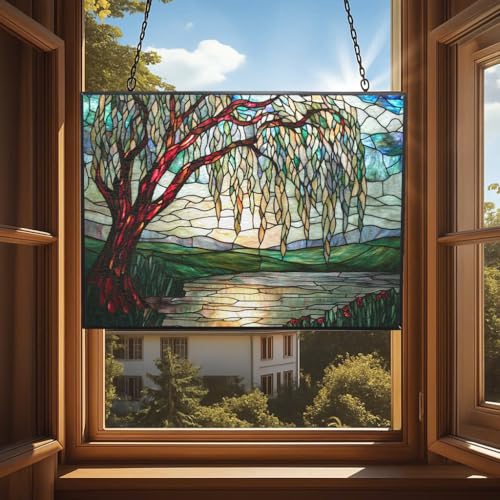 Art Nouveau Willow Pond Tree Stained Glass Window Hanging, Colorful Sun Catchers Glass Panel Rectangle Suncatcher Decor for Birthday for Women, Men, Wife, Aunt, and Mom 15"x11" - color: Art Nouveau Willow Pond Tree 2, size: 15x11 IN