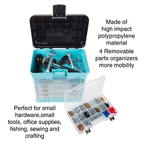 Small Parts Organizer Box - 10-Inch Portable Storage Case with 4 Removable Multi-Compartment Trays for Screws, Beads, Small Fishing Tackle, Hardware, and Craft Supplies by Stalwart (Light Blue) - color: Blue