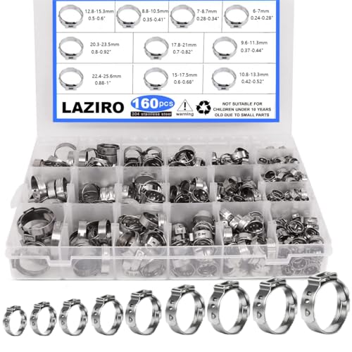 LAZIRO 160Pcs (6mm-25.6mm)1/4""-1""Single Ear Hose Clamp Hose Crimp Clamps Ear Crimp Rings Ear Stepless Hose Clamp Pinch Clamps for Hose Pipe Clamp Tools (Single Ear Hose Clamps Kit), Silver - size: 1/4inch-1inch