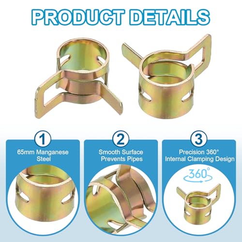 PATIKIL Spring Band Hose Pipe Clamps for 9-10.2 mm OD Hose, 30 Pack Silicone Vacuum Constant Tension Band Clips for Fuel Line Silicone Air Hose Tube Water Pipe, Gold - size: 9-10.2 mm