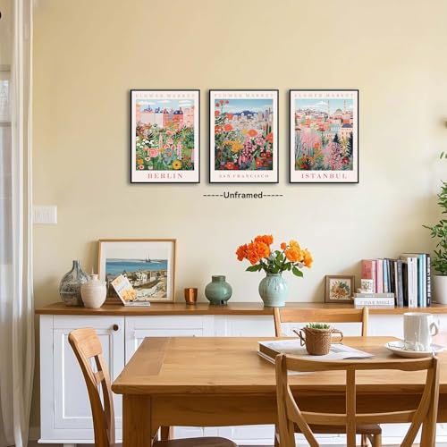 XLARTMY Flower Market Wall Art Prints Canvas Orange and Pink Floral Paintings Colorful Botanical Travel Flower Posters for Home Decor Pictures Set of 3 for Living Room Bedroom 12x16in Unframed - color: Flower Market ORange-2, size: 12x16in Poster
