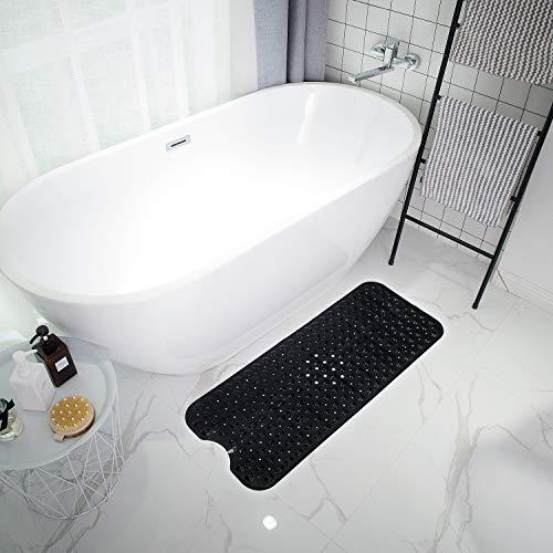TEESHLY Bathtub Mats for Shower Tub, Extra Long Non-Slip 39 x 16 Inch Bath Mat with Drain Holes and Suction Cups, BathMat for Bathroom with Machine Washable (Opaque Black) - color: Opaque Black