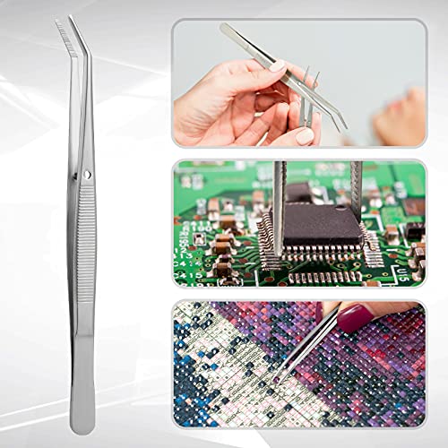 Honoson 10 Pcs Stainless Steel Tweezers for Crafting with Curved Serrated Tip Multipurpose Forceps Sewing Machine Tweezers Bulk (Silver) - color: Silver