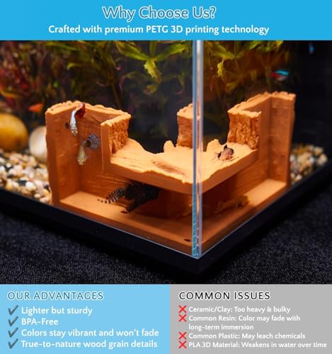 NUPICK Brown Aquarium Cave for Corners, PETG 3D Printed Fish Tank Cave Hideout with Smooth Surface, Natural Wood-Like Aquarium Tunnel, Fish Tank Decor for Bettas, Shrimp, Corys, Loaches, Snails - color: Brown