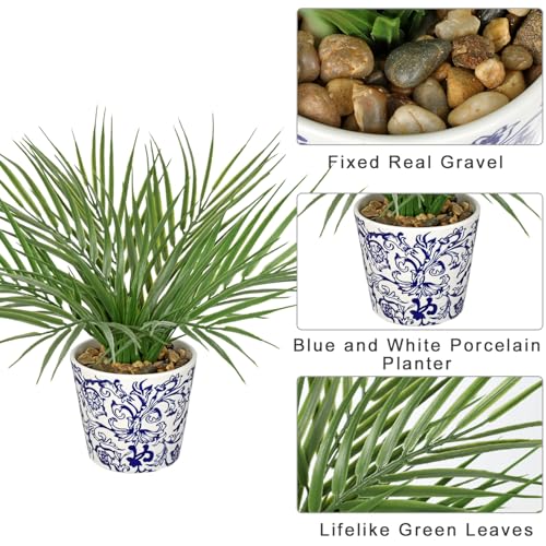 Hollyone Large Artificial Potted Plants Fake Palm Plants 13" Faux Green Plant Plastic Tropical Palm Tree in Blue and White Porcelain Ceramic Pots for Home Room Office House Indoor Decoration - color: 13" Palm Potted-blue & White Pot