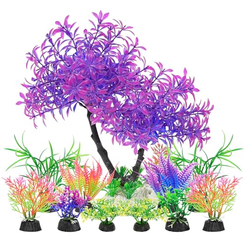 AQUANEAT Artificial Aquarium Plants, Fish Tank Purple Tree Decoration Set, Plastic Accessories, 11pcs - color: Purple