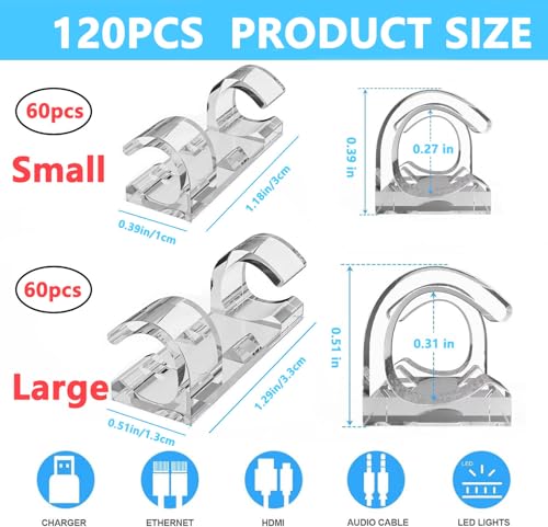 120 PCS Cable Clips (Small & Large),Adhesive Cable Clips for Wall,Finisher Wire Clamp for TV PC Laptop,Cable Management Clips Outdoor Light Clips - color: 120PC