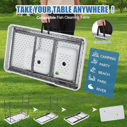 Folding Fish Cleaning Table Portable Camping Double Sinks Table w/2 Dual Water Basins, Faucet Drainage Hose & Sprayer Outdoor Fish Fillet Cleaning Station w/Knife, Storage Box,Black | Portable - style: Dual sink table
