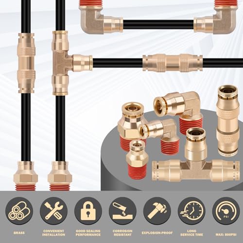 CheeMuii 32 Pcs Brass DOT Air Line Fittings With 50 FT 1/4" and 32.8 FT 3/8" DOT Air Lines Kit 3/8" 1/2" NPT Thread & Quick Connect Fittings for Semi Truck Trailer or Industrial Air System - size: 2ROLL-35PCS