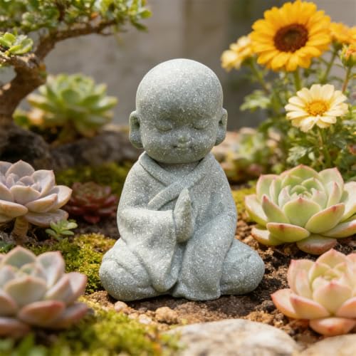livelyfish Japanese Buddha Bosatsu Feng Shui Praying Monk Statue Sandstone Happy/Smiling Miniature Figurine Ornament for Fish Tank Aquarium Home Garden Decoration (F) - size: F