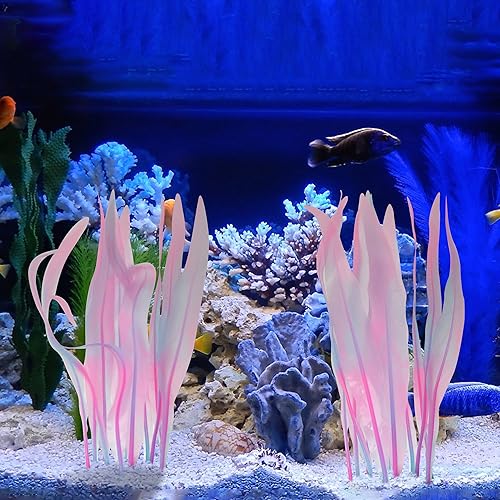 Kaiyuan Dynasty 2pc Aquarium Decor Plastic Plants Fish Tank Artificial Plants Glowing Aquarium Kelp Move with Water Flows Soft Silicone Aquatic Seaweed,7inch,Pink - color: Pink