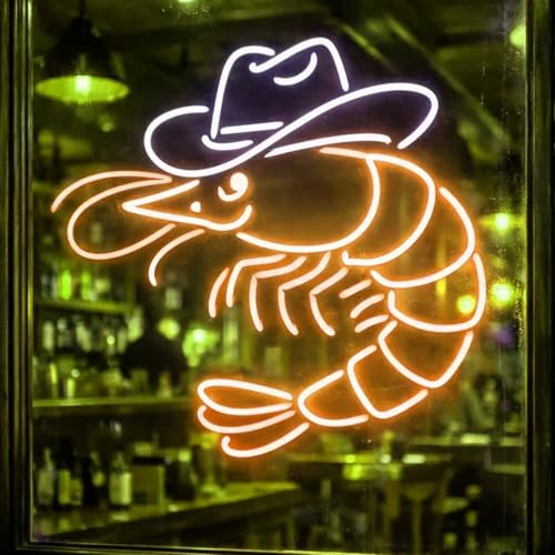 Cowboy Shrimp LED Neon Sign, Western Shrimp Neon Sign, Seafood Shop Accent, Bar Game Room Decor, For Bar, Restaurant, Seafood Shop, Man Cave, Western Decor, Gifts for Seafood Lovers