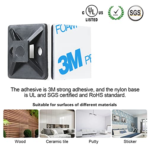 XHF 3/4" Strong Back-Glue Self Adhesive Black Cable Zip Tie Mounts 100pcs with 8" Zip Ties, Screws, UV Protection Outdoor Sticky Wire Fasteners Cable Clips Management Anchors Organizer Holders Squares - color: Black, size: 100 Piece