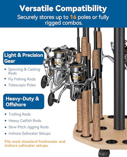 KEXMO Mobile Fishing Rod Holder Pole Rack for Garage, 360 Degree Lockable Wheels, Rigging Station, Heavy-Duty Steel Space-Saving Floor Stand, Holds 16 Combos, Fishing Gear Storage, Natural Wood Grain - color: Natural Wood Grain