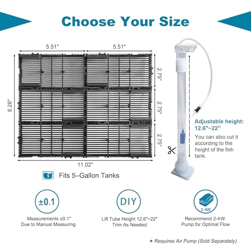 Undergravel Filter System for 5 Gallon Fish Tank, Air-Driven Biofiltration Aquarium Filter Kit with 6 Modular Plates & Adjustable Lift Tube, Cut-to-Fit Under Gravel System for Clear Water - size: 6 Plates, 5 Gal