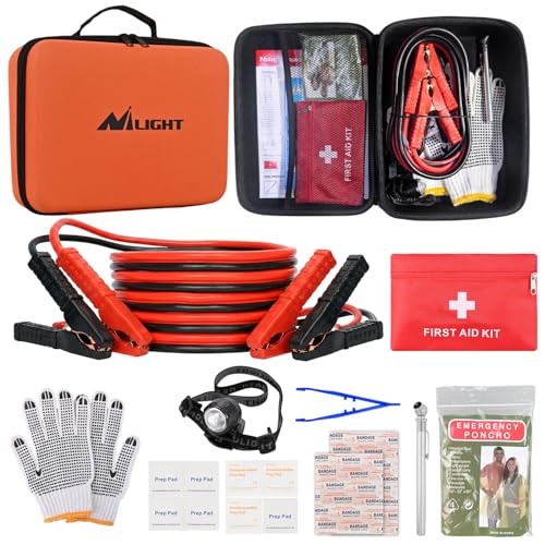 Nilight Car Emergency Kit with Jumper Cable, First Aid Kit Safety Assistance Tools for Travel Camping Outdoor Cars Truck SUV RV, Roadside Essentials with Flash Light - color: Basic Essential Kit