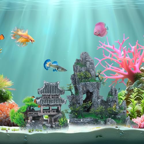 Saim Extra Large Aquarium Decorations, Resin Castle and Artificial Rock with Plants (Ancient Temple with Mountain) Fish Hideout Cave for Amano Shrimp Cichlid to Play, Hide and Rest Hardscape