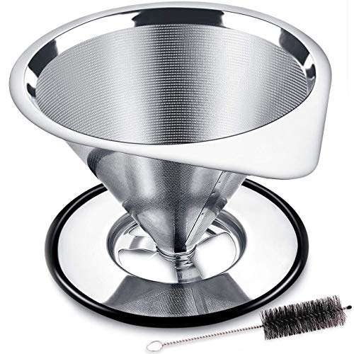 LHS Pour Over Coffee Dripper Stainless Steel Coffee Filter Metal Cone Filter Paperless Reusable Coffee Filter Single Cup Coffee Maker 1-2 Cup With Non-slip Cup Stand and Cleaning Brush - color: single mesh 1-2 cups Silver