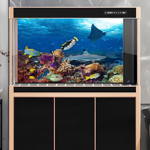 Under The Sea Aquarium Background Colorful Coral Reef Marine Life Ocean Fish Tank Background Deep Blue Sea Tropical Fish Sunbeams Terrarium Backgrounds Seabed Seascape Backgrounds for Aquarium 24x12in - color: Ocean Dark Blue, size: 24(W)x12(H)in