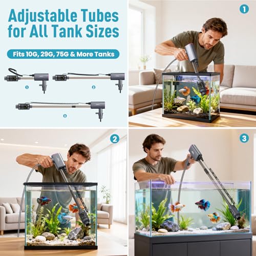 Electric Aquarium Vacuum Gravel Cleaner: Rechargeable Fish Tank Cleaner with 4 Adjustable Suction, Anti-Clog for Debris Clean & Sand Washing,Automatic Water Changer with 12V Safe for Small/Large Tanks