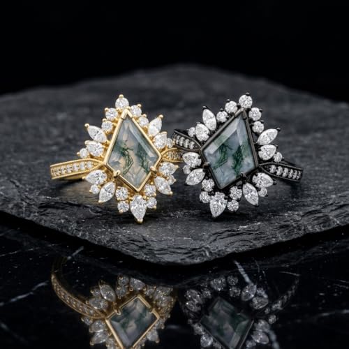 Natural Moss Agate Engagement Ring Set for Women, Unique Genuine Moss Agate Ring, 925 Sterling Silver 10K 14K 18K Solid Gold Nature Inspired Bridal Set, Boho Wedding Jewelry Gift - color: Seven