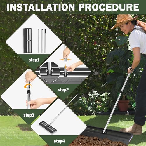 JouZYA Lawn Leveling Rake 30x10 inch, Leve Lawn Tool with Stainless Steel, Lawn Leveler 27-80" Adjustable Handle, Yard Leveling Rake Heavy-Duty for Garden, Golf Course, and Farm