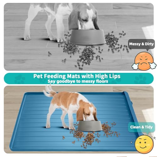 Dog Mat for Food and Water - 39.4" x 27" Large Pet Feeding Mats with Residue Collection Pocket - Waterproof Dog Cat Bowl Mat with High Edges to Prevent Water and Food Spills (Navy) - color: Navy