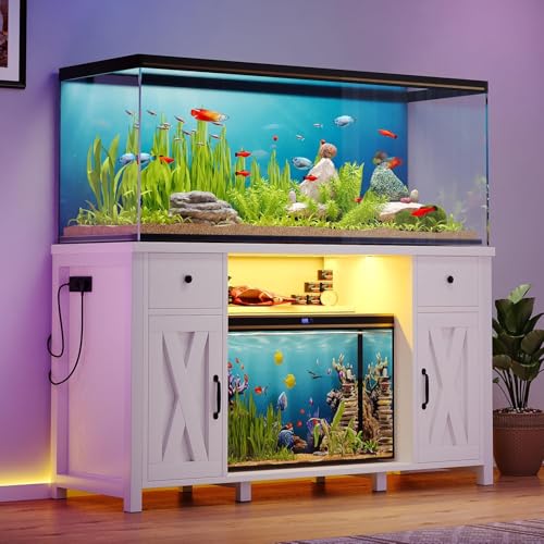 55-75 Gallon Fish Tank Stand with Power Outlet & LED Lights, 55 Gallon Aquarium Stand with Storage Drawers & Barn Doors, Heavy Duty Reptile Tank Cabinet for Turtle, Reptile Terrarium, White - color: White