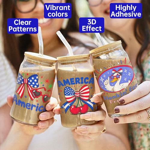 4 PCS Watercolor 4th of July UV DTF Cup Wrap, Rub on Transfer Stickers for 16oz Glass Mugs, High Viscosity Permanent UV DTF Sticker, Coffee Cups, Water Bottles and Personalized Crafts - style: Watercolor 4th Of July