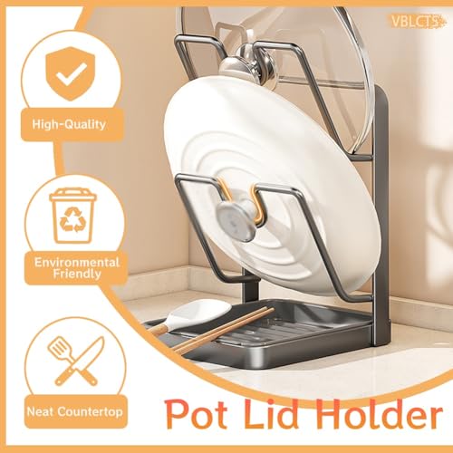 Pot Lid Holder Kitchen Organizer Rack with Drip Tray Functional Double Layer Countertop Storage Lids Solution for Cooking Pots and Pans While Cooking Cover Crock Holders Inside Cabinet Door