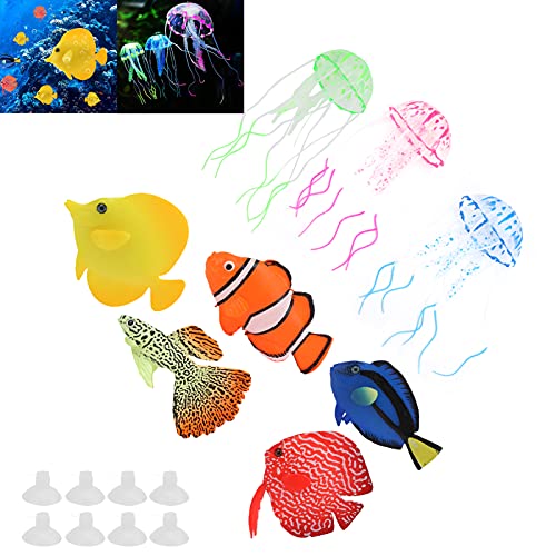 Artificial Glowing Fish Set, Fake Aquarium Decorations with Luminous Jellyfish, Silicone Floating Fish Tank Decor for Freshwater and Saltwater Tanks, Includes Suction Cups and Tran