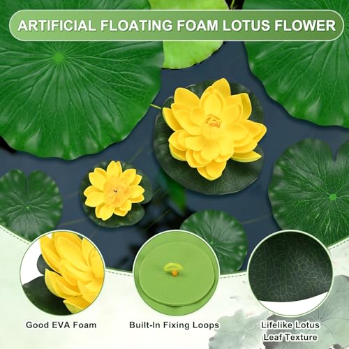 M METERXITY 1-Set Artificial Floating Foam Lotus Flower with Water Lily Pad, 4/7/11 Inch Fake Lotus Flowers Water Lilies for Pool/Fountain/Garden Decor, Pond Plants Ornaments [Yellow] - color: Yellow, size: 6.7/3.9 Inch