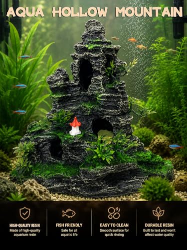 Aquarium Decor - Tall and Large Mountain Rock Ornament for Fish Tank, Aquarium Hideout with Rock Texture for Betta, Guppy, Shrimp - Aquatic Hide Decoration, Fish Hiding House（Red Tower） - color: Large Rock Décor - Red Tower