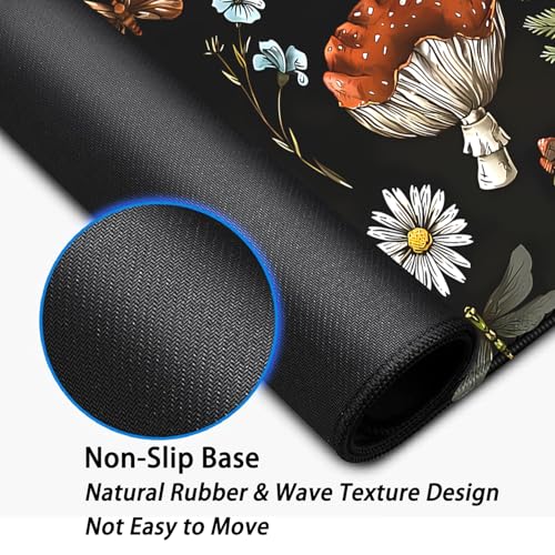 Plant Mushroom Desk Pad Mouse Pad,Large Black Aesthetic Mouse Mat with Stitched Edges,Non-Slip Rubber Base Mousepad for Office PC Keyboard Laptop and Home Work Desk Mat(27.5X11.8 in) - color: Mushroom