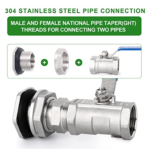 TAISHER 2PCS 304 Stainless Steel 1/2'' FPT Bulkhead Tank Connector Adapter Fitting with Gasket for Water Tank, Bathtub and Sink - size: 1/2"(304 Stainless Steel) with Gasket