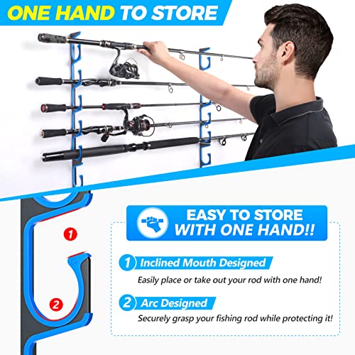 PLUSINNO H5 Horizontal Fishing Rod/Pole Holders for Garage, Wall Ceiling Mounted Fishing Rod Holder, Aviation Aluminum Fishing rod rack Holds up to 5/10/20 Rod or Combos Fishing Gear and Gifts for Men - color: Blue 4pack(store 20 fishing rods or combos)