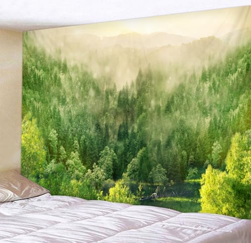 WODEJIA Misty Mountain Forest Tapestry, Sunrise Green Landscape Wall Hanging, Large Nature Wall Art Tapestry for Bedroom Living Room Dorm Decor（79“x59 Inches） - color: Mist Forest, size: 79"L x 59"W